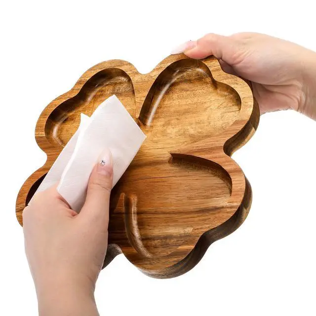 Alt view image 4 of 7 - 2 Pack 8 Inch Wood Serving Platter Trays, Small Acacia Wooden Snack Board, Veggie Fruit Hosting Plate Dish, Food Serving Platter for Nuts Cheese Sushi Charcuterie Dessert, 4-Leaf Clover Design
