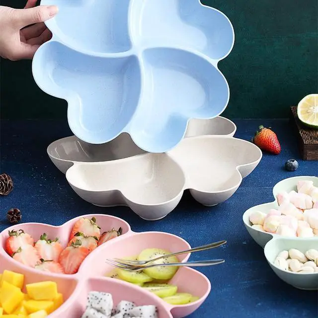 Alt view image 2 of 7 - Divided Serving Tray, Appetizer Sectioned Platter, Dessert Serving Dish, Reusable Plastic Snack Plates, Round Relish Tray, 4 Compartment for Chips and Dip Veggies Candy Nut Fruit (Pink)