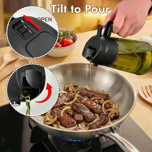 Alt view image 4 of 7 - 2 in 1 Olive Oil Sprayer for Cooking, 16oz Light-Proof Oil Dispenser for Kitchen, Leak-Proof Oil Spray Bottle for Air Fryer, Salad, BBQ, Baking, Grilling - Black & Green