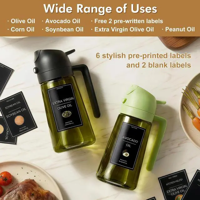 Alt view image 7 of 7 - 2 in 1 Olive Oil Sprayer for Cooking, 16oz Light-Proof Oil Dispenser for Kitchen, Leak-Proof Oil Spray Bottle for Air Fryer, Salad, BBQ, Baking, Grilling - Black & Green
