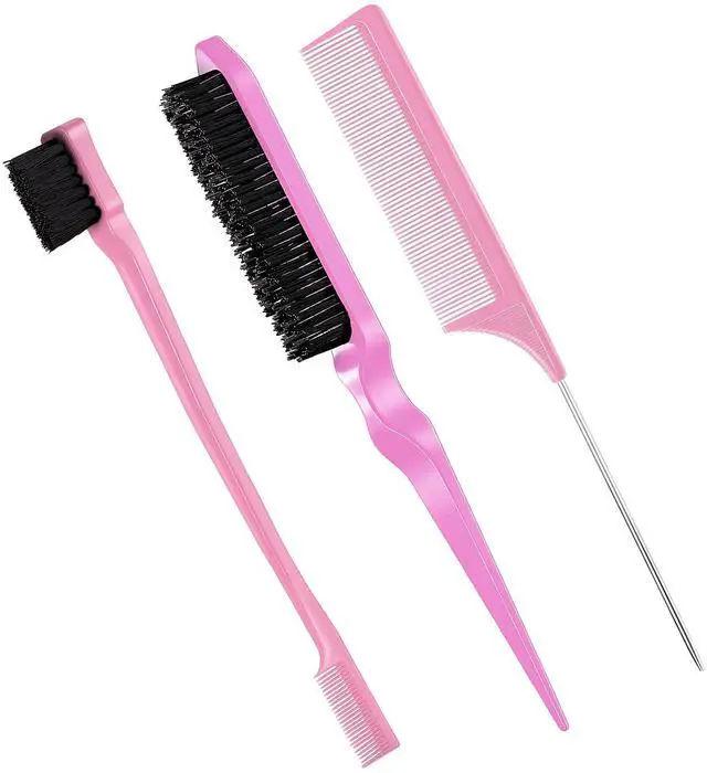 Main image of 3 Pcs Slick Back Hair Brush Set Bristle Brush Edge Control Teasing Comb for Women Black Hair(Light Pink)