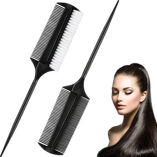 Main image of 2 Pcs Black Smoothing and Sectioning Brush Set - Double-Sided Comb for Edge Teasing, Parting, and Ballroom Dancing Hairstyling