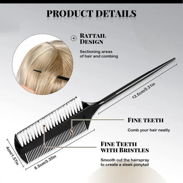 Alt view image 2 of 7 - 2 Pcs Black Smoothing and Sectioning Brush Set - Double-Sided Comb for Edge Teasing, Parting, and Ballroom Dancing Hairstyling