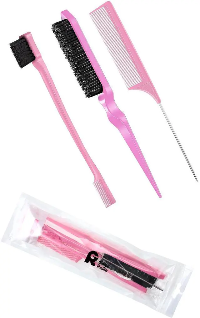 Alt view image 7 of 7 - 3 Pcs Slick Back Hair Brush Set Bristle Brush Edge Control Teasing Comb for Women Black Hair(Light Pink)