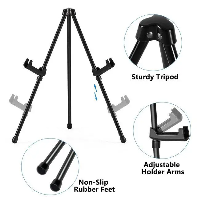 Alt view image 3 of 6 - 14" High Tabletop Instant Display Easel - Black Steel Small Tripod Easel Stand with Adjustable Holders for Pictures, Paintings, Posters and Store Signs(1 Pack)