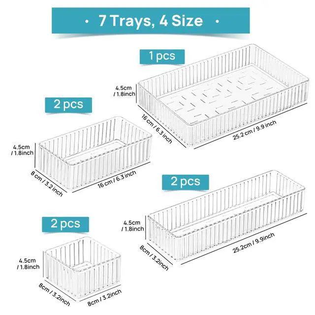 Alt view image 7 of 7 - 7 PCS Clear Makeup Drawer Organizers Bins, 4-Size Stackable Makeup and Vanity Organizer Trays, Acrylic Bathroom Storage Containers for Cosmetic, Toiletries, Office Supply, Utensils, Gadgets