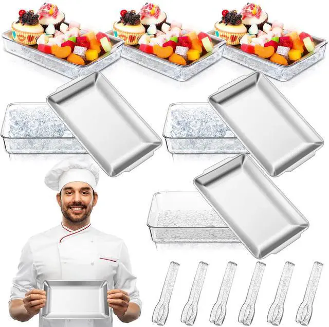Main image of 6 Set 8.7x5.5'' Small Chilled Serving Tray for Parties with Tongs, Ice Chilled Platter Cold Serving Dish for Charcuterie Dip Fruit Seafood Vegetable Salad Appetizer Shrimp Cocktail(Sliver)