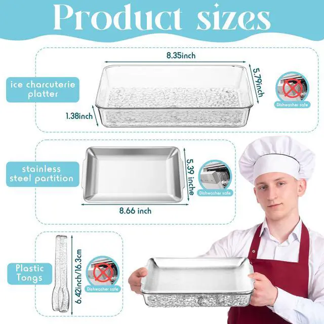 Alt view image 2 of 7 - 6 Set 8.7x5.5'' Small Chilled Serving Tray for Parties with Tongs, Ice Chilled Platter Cold Serving Dish for Charcuterie Dip Fruit Seafood Vegetable Salad Appetizer Shrimp Cocktail(Sliver)