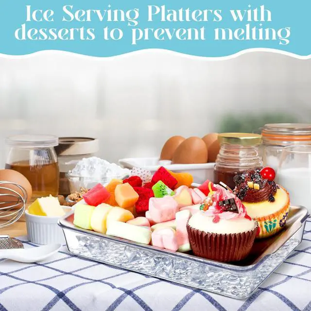 Alt view image 4 of 7 - 6 Set 8.7x5.5'' Small Chilled Serving Tray for Parties with Tongs, Ice Chilled Platter Cold Serving Dish for Charcuterie Dip Fruit Seafood Vegetable Salad Appetizer Shrimp Cocktail(Sliver)