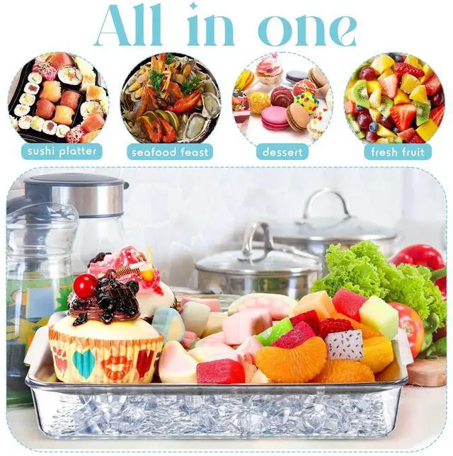 Alt view image 3 of 7 - 6 Set 8.7x5.5'' Small Chilled Serving Tray for Parties with Tongs, Ice Chilled Platter Cold Serving Dish for Charcuterie Dip Fruit Seafood Vegetable Salad Appetizer Shrimp Cocktail(Sliver)