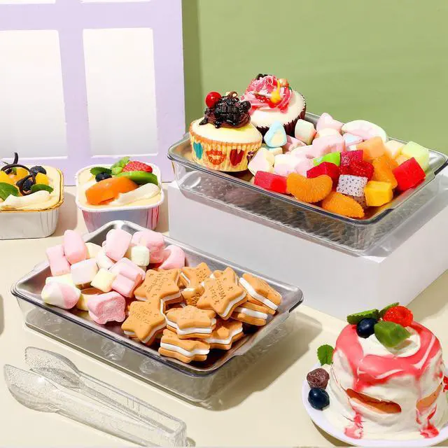 Alt view image 6 of 7 - 6 Set 8.7x5.5'' Small Chilled Serving Tray for Parties with Tongs, Ice Chilled Platter Cold Serving Dish for Charcuterie Dip Fruit Seafood Vegetable Salad Appetizer Shrimp Cocktail(Sliver)