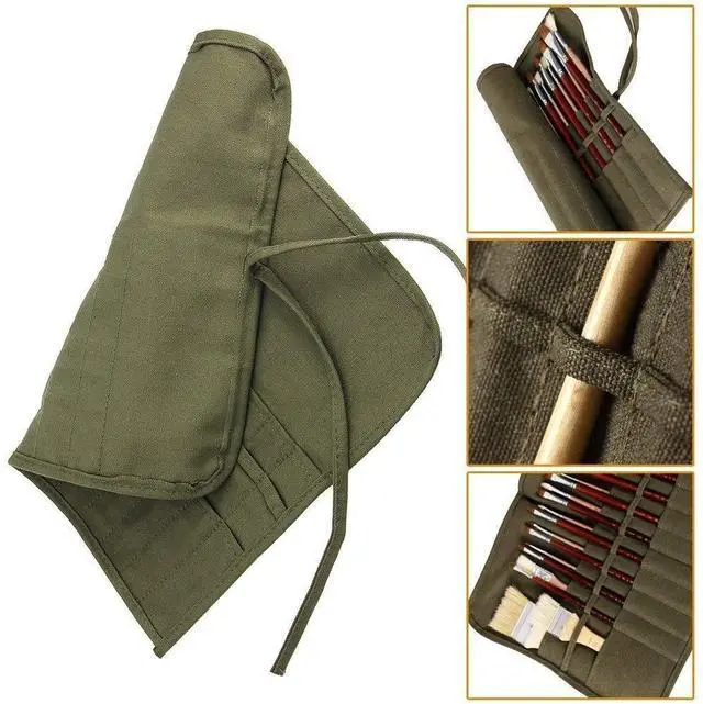 Alt view image 5 of 7 - 22 Slots Paint Brush Storage for Acrylic Oil Watercolor Brush Roll up Case Army Green Canvas Paint Brush Holder (13 * 15.7IN)