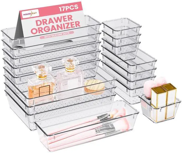 Main image of Makeup Drawer Organizer Trays 17 PCS, 4-Size Clear Drawer Organizers with Silicone Pads, Vanity Organizers and Storage, Non Slip Plastic Drawer Organizer for Desk, Bathroom, Kitchen, Office