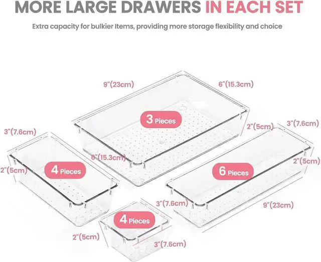 Alt view image 2 of 7 - Makeup Drawer Organizer Trays 17 PCS, 4-Size Clear Drawer Organizers with Silicone Pads, Vanity Organizers and Storage, Non Slip Plastic Drawer Organizer for Desk, Bathroom, Kitchen, Office