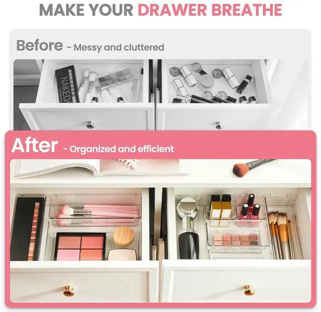 Alt view image 3 of 7 - Makeup Drawer Organizer Trays 17 PCS, 4-Size Clear Drawer Organizers with Silicone Pads, Vanity Organizers and Storage, Non Slip Plastic Drawer Organizer for Desk, Bathroom, Kitchen, Office