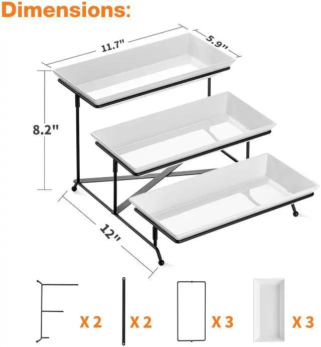 Alt view image 2 of 7 - 3 Tier Serving Tray Set, 12" Tiered Serving Trays Platters, Reusable Serving Tray for Party, Collapsible Sturdier Stand with Stable Cross Bars, Serving Platters for Veggie, Fruit, Dessert
