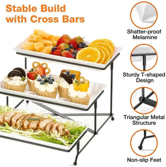 Alt view image 4 of 7 - 3 Tier Serving Tray Set, 12" Tiered Serving Trays Platters, Reusable Serving Tray for Party, Collapsible Sturdier Stand with Stable Cross Bars, Serving Platters for Veggie, Fruit, Dessert