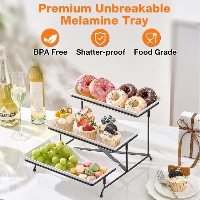 Alt view image 3 of 7 - 3 Tier Serving Tray Set, 12" Tiered Serving Trays Platters, Reusable Serving Tray for Party, Collapsible Sturdier Stand with Stable Cross Bars, Serving Platters for Veggie, Fruit, Dessert