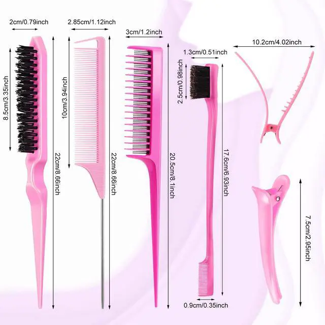Alt view image 2 of 7 - 8 Pcs Slick Back Hair Brush Teasing Edge Bristle Brush Parting Rat Tail Comb Hairclips Styling Hair Accessories Set for Women Slicking Ponytail Control and Smoothing Flyaways(Pink)