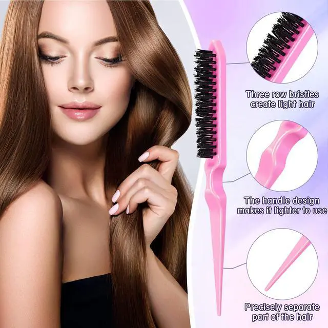 Alt view image 3 of 7 - 8 Pcs Slick Back Hair Brush Teasing Edge Bristle Brush Parting Rat Tail Comb Hairclips Styling Hair Accessories Set for Women Slicking Ponytail Control and Smoothing Flyaways(Pink)