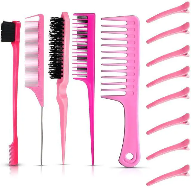 Main image of 15 Piece Nylon Comb Set for Grooming Salon with Boar Bristle Brush Fluffy Brush Rat Tail Comb Triple Teasing Scrub Dual Edge Scrub and 10 Duckbill Clips for Women(Pink and Black)