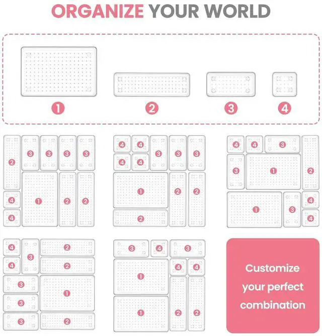 Alt view image 7 of 7 - Makeup Drawer Organizer Trays 17 PCS, 4-Size Clear Drawer Organizers with Silicone Pads, Vanity Organizers and Storage, Non Slip Plastic Drawer Organizer for Desk, Bathroom, Kitchen, Office