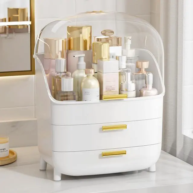 Main image of 3-Tier Skincare Makeup Organizer with Drawer and LId, White | With Drawers and Lid, For Vanity, Dresser and Bathroom Countertop, Large Cosmetic Storage Box Case, Non-Slip Base
