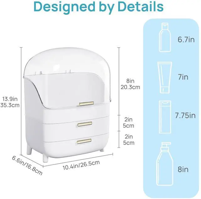 Alt view image 2 of 7 - 3-Tier Skincare Makeup Organizer with Drawer and LId, White | With Drawers and Lid, For Vanity, Dresser and Bathroom Countertop, Large Cosmetic Storage Box Case, Non-Slip Base