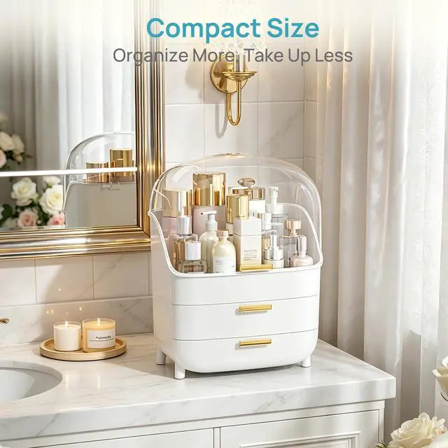 Alt view image 3 of 7 - 3-Tier Skincare Makeup Organizer with Drawer and LId, White | With Drawers and Lid, For Vanity, Dresser and Bathroom Countertop, Large Cosmetic Storage Box Case, Non-Slip Base