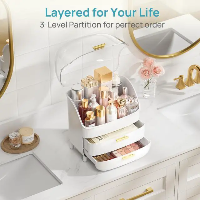 Alt view image 5 of 7 - 3-Tier Skincare Makeup Organizer with Drawer and LId, White | With Drawers and Lid, For Vanity, Dresser and Bathroom Countertop, Large Cosmetic Storage Box Case, Non-Slip Base