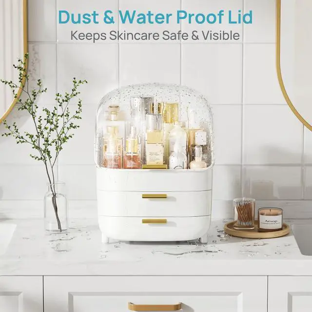 Alt view image 4 of 7 - 3-Tier Skincare Makeup Organizer with Drawer and LId, White | With Drawers and Lid, For Vanity, Dresser and Bathroom Countertop, Large Cosmetic Storage Box Case, Non-Slip Base