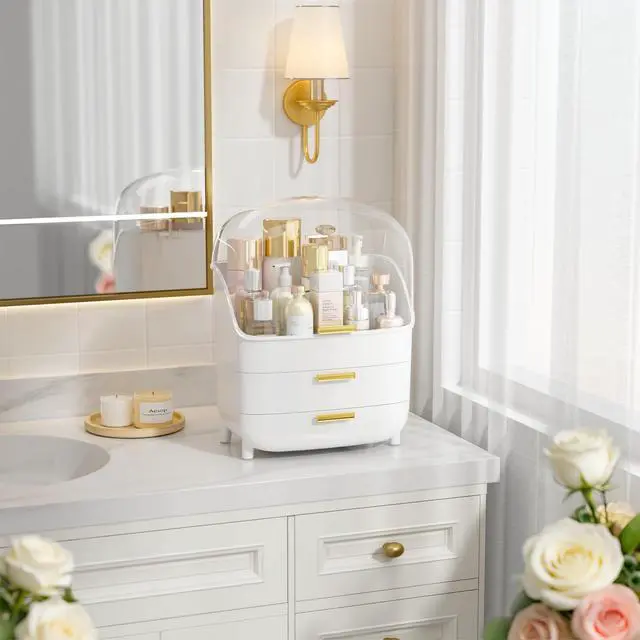 Alt view image 6 of 7 - 3-Tier Skincare Makeup Organizer with Drawer and LId, White | With Drawers and Lid, For Vanity, Dresser and Bathroom Countertop, Large Cosmetic Storage Box Case, Non-Slip Base