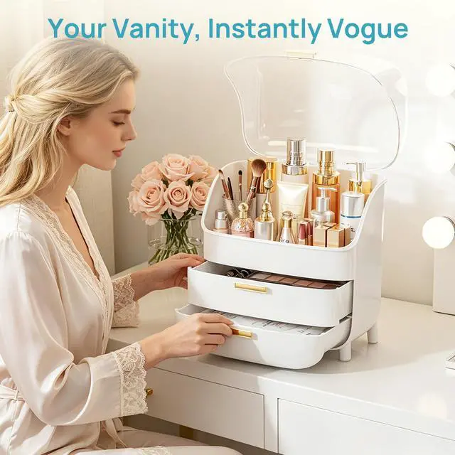 Alt view image 7 of 7 - 3-Tier Skincare Makeup Organizer with Drawer and LId, White | With Drawers and Lid, For Vanity, Dresser and Bathroom Countertop, Large Cosmetic Storage Box Case, Non-Slip Base