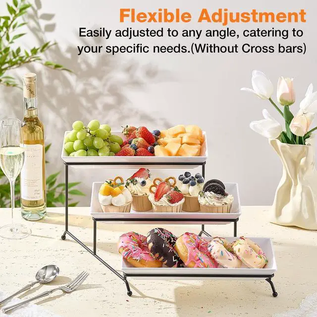 Alt view image 5 of 7 - 3 Tier Serving Tray Set, 12" Tiered Serving Trays Platters, Reusable Serving Tray for Party, Collapsible Sturdier Stand with Stable Cross Bars, Serving Platters for Veggie, Fruit, Dessert
