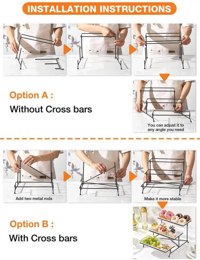 Alt view image 7 of 7 - 3 Tier Serving Tray Set, 12" Tiered Serving Trays Platters, Reusable Serving Tray for Party, Collapsible Sturdier Stand with Stable Cross Bars, Serving Platters for Veggie, Fruit, Dessert