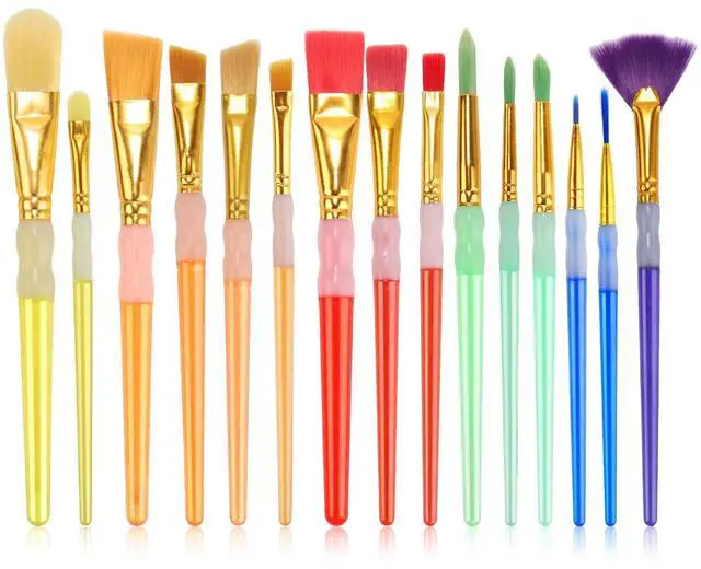 Main image of 15Pcs Paint Brushes Value Pack, Includes 15 Different Types of Brushes, Nylon Colorful Hair with Silicone Crystal Penholder, Prefect Works with Oil, Acrylic and Watercolor Painting