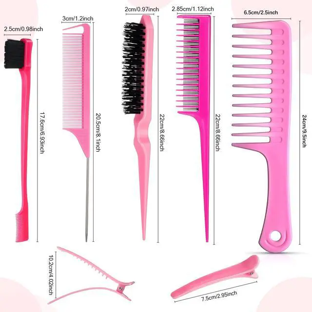 Alt view image 2 of 7 - 15 Piece Nylon Comb Set for Grooming Salon with Boar Bristle Brush Fluffy Brush Rat Tail Comb Triple Teasing Scrub Dual Edge Scrub and 10 Duckbill Clips for Women(Pink and Black)