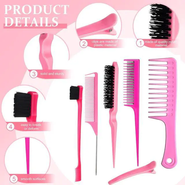Alt view image 3 of 7 - 15 Piece Nylon Comb Set for Grooming Salon with Boar Bristle Brush Fluffy Brush Rat Tail Comb Triple Teasing Scrub Dual Edge Scrub and 10 Duckbill Clips for Women(Pink and Black)