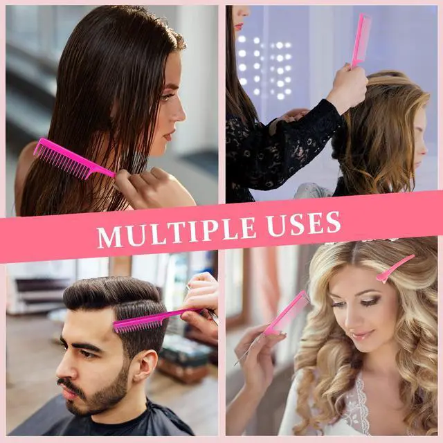 Alt view image 4 of 7 - 15 Piece Nylon Comb Set for Grooming Salon with Boar Bristle Brush Fluffy Brush Rat Tail Comb Triple Teasing Scrub Dual Edge Scrub and 10 Duckbill Clips for Women(Pink and Black)