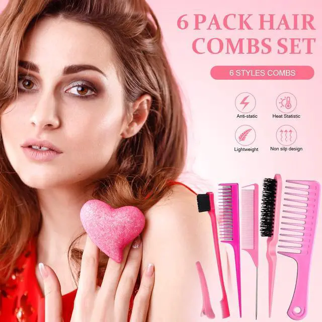 Alt view image 6 of 7 - 15 Piece Nylon Comb Set for Grooming Salon with Boar Bristle Brush Fluffy Brush Rat Tail Comb Triple Teasing Scrub Dual Edge Scrub and 10 Duckbill Clips for Women(Pink and Black)
