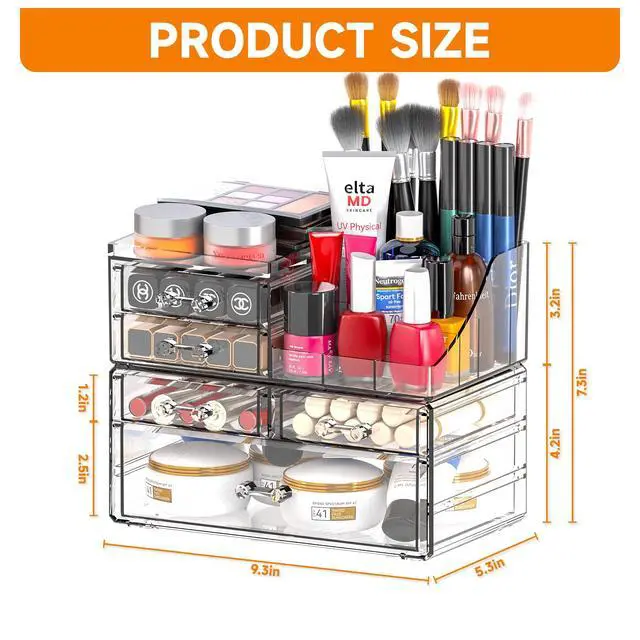 Alt view image 3 of 7 - Clear Make up Organizers for Vanity,Skincare Organizer With 5 Drawers for Dresser,Plastic Cute Desk Accessories Organization and Bathroom Organizers Storage Case Box for Beauty,Skin Care