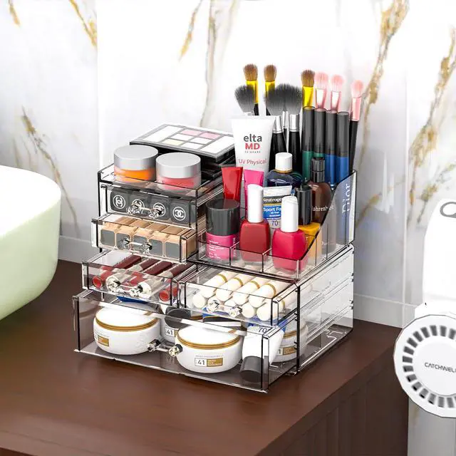 Alt view image 7 of 7 - Clear Make up Organizers for Vanity,Skincare Organizer With 5 Drawers for Dresser,Plastic Cute Desk Accessories Organization and Bathroom Organizers Storage Case Box for Beauty,Skin Care