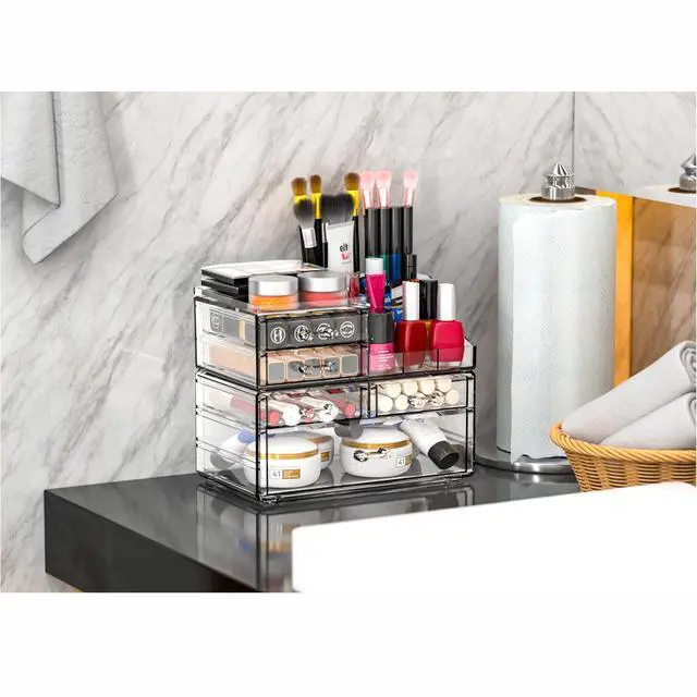 Alt view image 5 of 7 - Clear Make up Organizers for Vanity,Skincare Organizer With 5 Drawers for Dresser,Plastic Cute Desk Accessories Organization and Bathroom Organizers Storage Case Box for Beauty,Skin Care