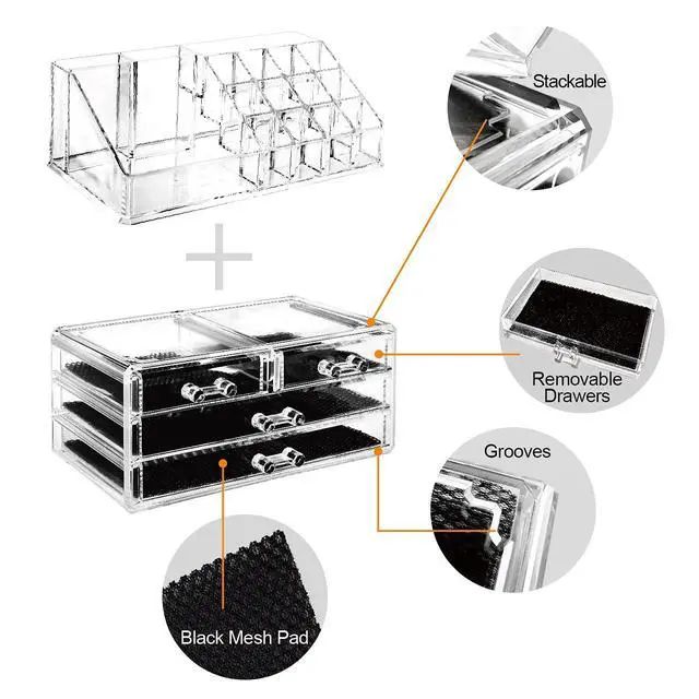 Alt view image 3 of 7 - Acrylic Makeup Organizer with 4 Drawers and Removable Top Lipstick Holders, Ideal for Make-up or Accessories,Enhance Your Vanity or Bathroom with Clear Design for Quick Visibility