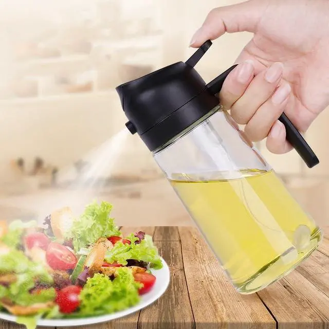 Alt view image 4 of 6 - Oil Spray Bottle for Cooking, 16oz/470ML 2 in 1 Olive Oil Dispenser Sprayer for Kitchen Premium Clear Glass Oil Bottle for Cooking, Air Fryer, BBQ, Salad, Black