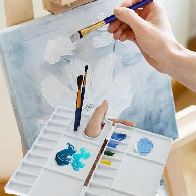 Alt view image 6 of 7 - Watercolor Palette, Halobios Paint Palette with 20-Well and 5 Mixing Areas, Folding Paint Tray with Thumbhole and Paint Brush Holder, Plastic Painting Palette for Children Beginners Artists(1 Pack)