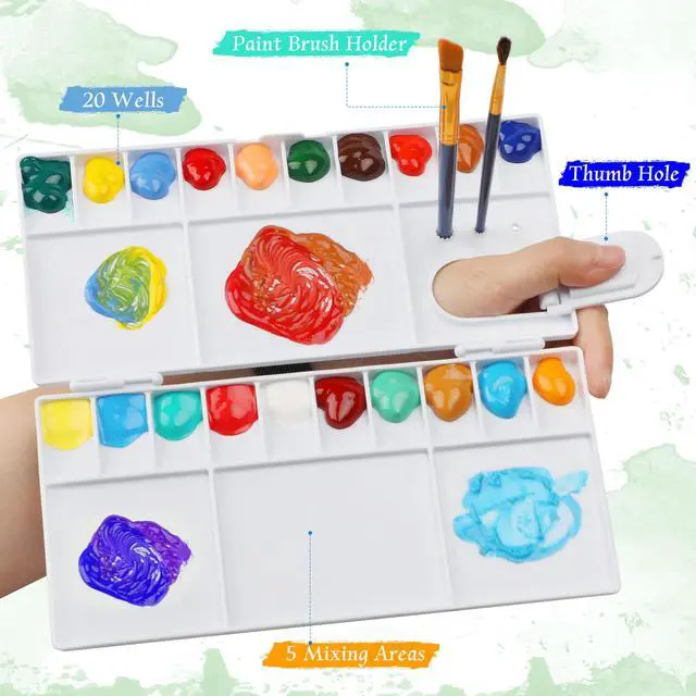 Alt view image 3 of 7 - Watercolor Palette, Halobios Paint Palette with 20-Well and 5 Mixing Areas, Folding Paint Tray with Thumbhole and Paint Brush Holder, Plastic Painting Palette for Children Beginners Artists(1 Pack)