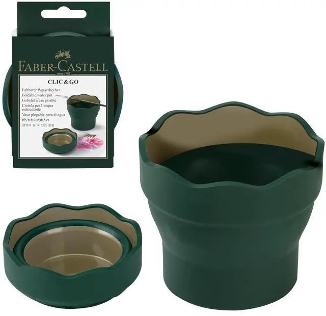 Main image of Clic & Go Artist Water Cup, Dark Green - Travel-Friendly Collapsible Brush Cleaner Tool with Brush Stand, Scalloped Rim, Non-Slip Base, Portable Palette & Rinser