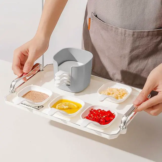 Alt view image 6 of 7 - 6Pcs Plastic Dipping Dish with Storage Box Mini Home Kitchen Seasoning Sauce Dishes Bowls Plate Dish Serving Tray for Sampling and Dipping Restaurant Home Party Use, White+Grey