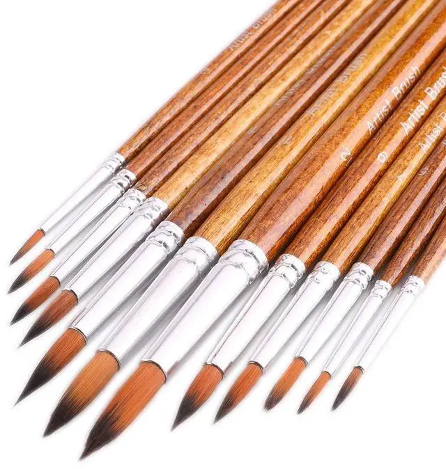 Main image of Artist Watercolor Paint Brushes, Round Pointed Tip Paint Brushes Set, 12pcs Different Sizes Detail Paint Brush for Watercolor, Acrylics, Ink, Gouache, Oil, Tempera (Brown)